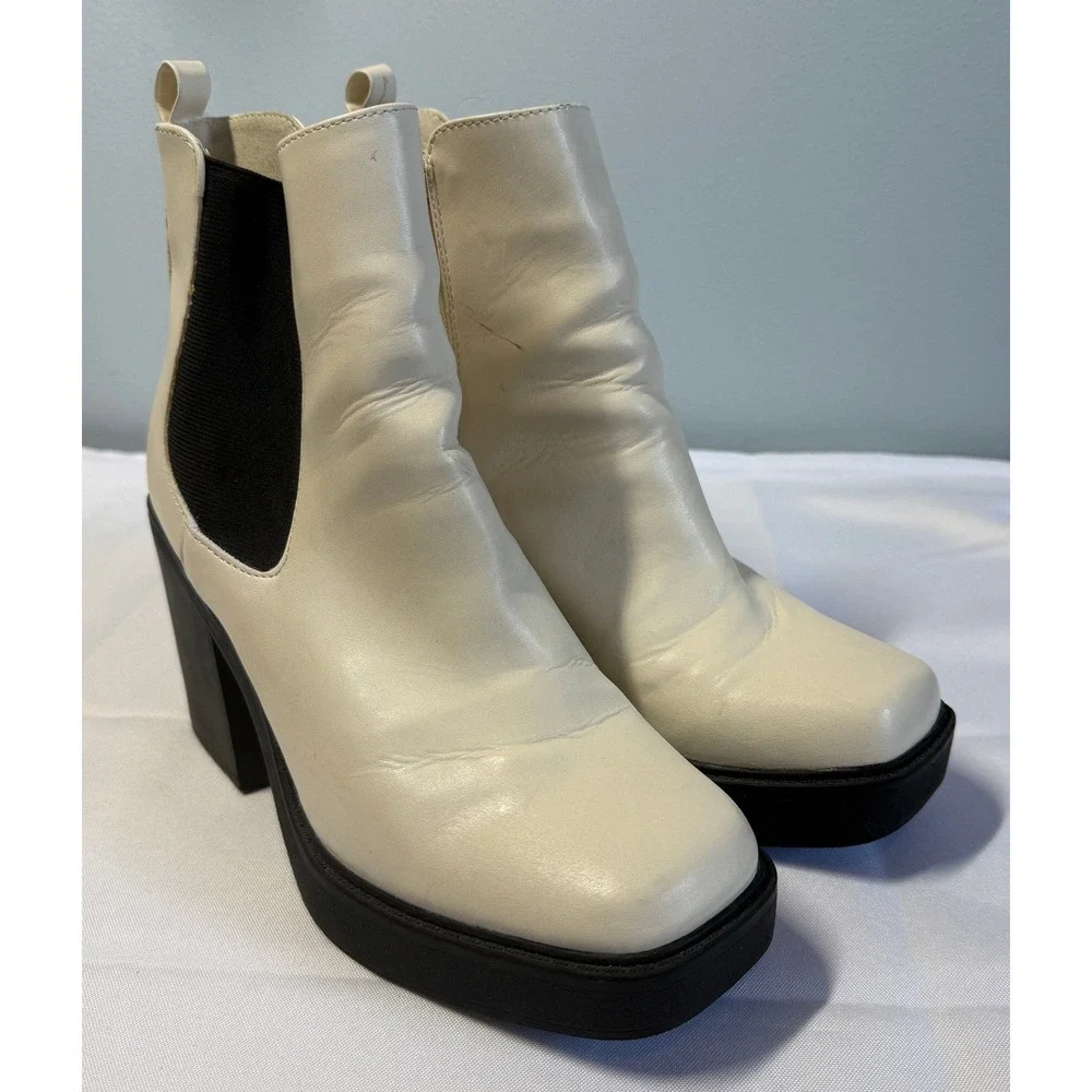 MIA Cream Square Toe Platform Ankle Boots Chunky Block Heel Lug Sole Womens 9M